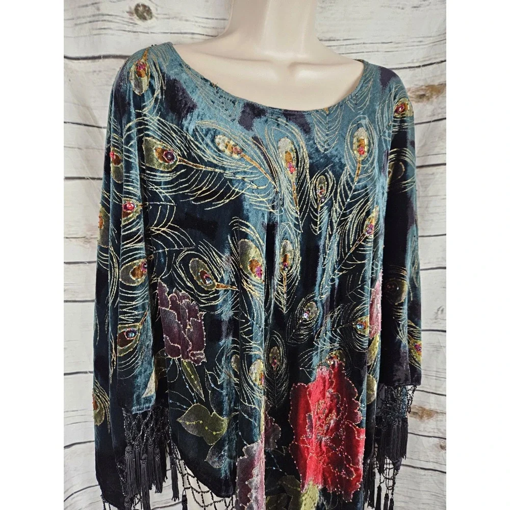 Coldwater Creek Velvet Beaded Fringe Poncho OS Peacock Feather Print Tassels